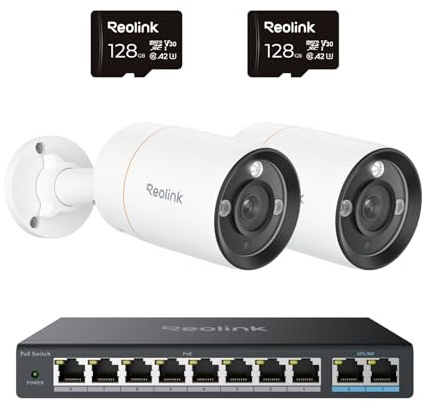 Reolink 4K+ Ultra HD 12MP PoE Überwachungskamera Aussen mit Strahler, Menschen-/Fahrzeugerkennung, Farbnachtsicht, Zwei-Wege-Audio, RLC-1212A*2 mit 128GB mircoSD Karten*2 und PoE Switch