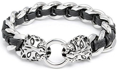 Edelstahl Herren Armband Panther Panzerarmband Bikerschmuck Panzerkette silber schwarz Leder