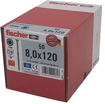 fischer Power-Fast FPF-ST 8,0 x 120 A4P - Spanplattenschrauben mit Teilgewinde und Senkkopf, zur Befestigung von tragenden Bauteilen in Holz, nicht rostender Stahl - 50 Stück - Art.-Nr. 657509
