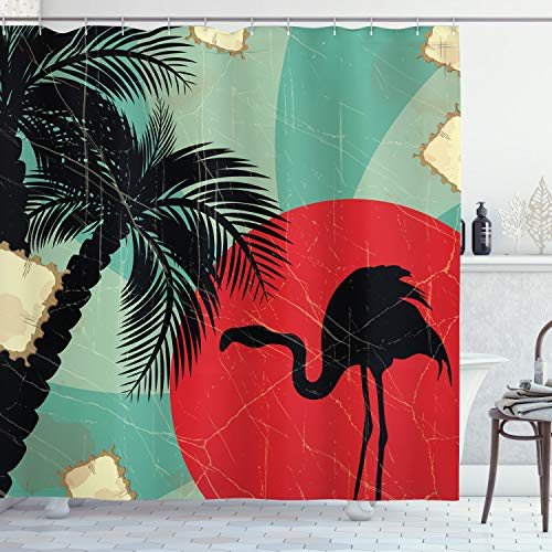 ABAKUHAUS Tropisch Duschvorhang, Grunge Flamingo Palm, Stoffliches Gewebe Badezimmerdekorationsset mit Haken, 175 x 200 cm, Mehrfarbig