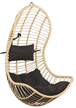 Moderner Hängekorbsessel beige/natürlich Rattan inkl. Kissen in Schwarz Pineto
