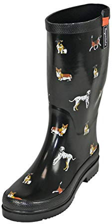 Regenliebe Damen Gummistiefel Waldi High Langschaft Regenstiefel Hunde Motiv, Farbe:schwarz, Größe:40 EU