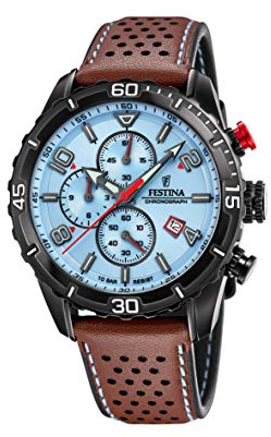 Festina Herren Uhr Analog mit Braunem Lederarmband - Quarzwerk - Chronograph - Kalender - Mineralglas mit hoher Widerstandsfähigkeit - Wasserdicht bis 10 ATM - Elegant F20519/1 Chrono Sport