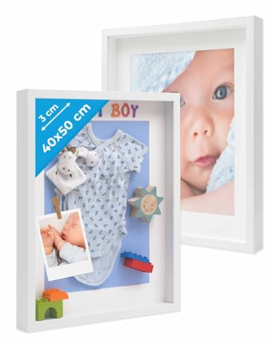 PHOTOLINI 3D Bilderrahmen zum Befüllen 40x50 Weiß groß, 3 cm tiefer Objektrahmen mit Glas, 2X tiefer Bilderrahmen 40x50 Holz MDF mit Passepartout, Dicker 3D Rahmen befüllbar für Gegenstände