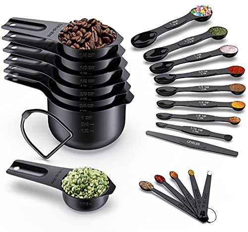 Wildone 21 tazas y cucharas medidoras negras, incluye 7 tazas medidoras de acero inoxidable, 8 cucharas medidoras de doble cara, 1 nivelador y 5 mini cucharas