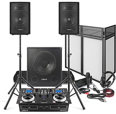 Mobile DJ Setup Package – 2x 8-Inch Passive PA Speakers, 15-Inch Active Subwoofer, Dual CD Mixer with 200W Amp, Foldable DJ Booth & All Essential Accessories for Mobile Disco Sound System
