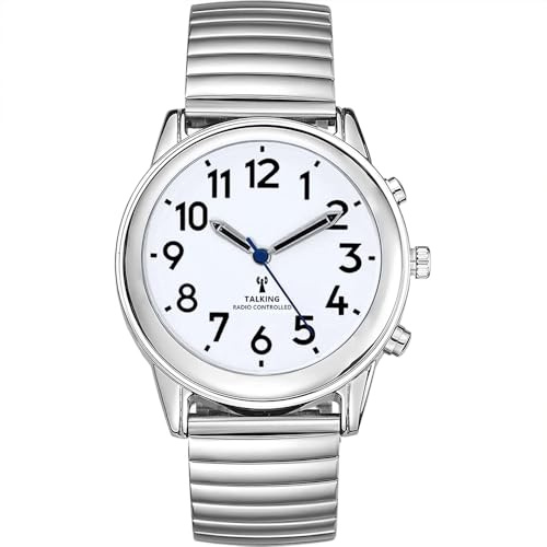 MAUJOY Men's English Atomic Talking Watch(Silver Metal Spring Band Strap) Announces Time, Date & Alarm, Self-Setting with Large Numbers - Ideal for Visually Impaired, Blind & Elderly