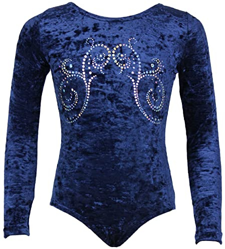 GymStern Made in Germany Mädchen Gymnastikanzug Turnanzug aus Stretch-Velvet mit Rundhalsausschnitt Turnbody Gymnastiktrikot Turntrikot LANGARM KOREE (DUNKELBLAU CRASH, 140)