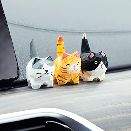 YGMONER Car Dashboard Cat Figurines – 1.9 Hand-Carved Wooden Gray Tabby, Ginger Cat & Tuxedo Cats with Nano Adhesive, Cute Mini Decor (3 pcs cat)