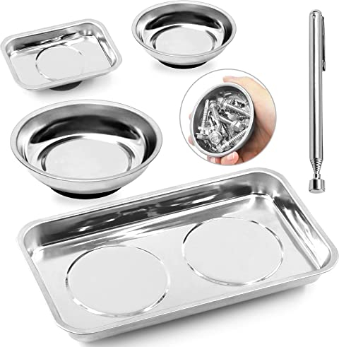 Swpeet 5 bandejas magnéticas redondas y cuadradas de acero inoxidable de 2 formas con kit surtido de herramientas de recogida magnética de 3 libras, soporte de bandeja magnética redonda para piezas,