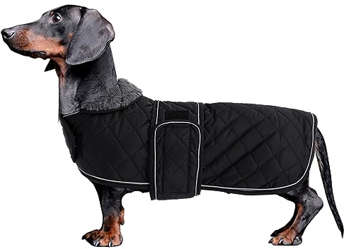 Morezi Abrigos de perro salchicha, abrigo para perro salchicha, abrigo de invierno para perro con forro polar acolchado, ropa para perros al aire libre con bandas ajustables - Negro - XS