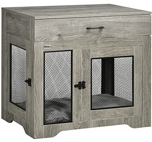 PawHut Modern Pet Crate End Table w/Double Doors, Drawer, for Medium Dogs