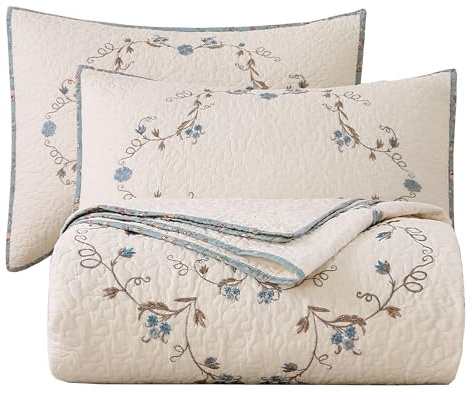 vctops 3-Piece Elegant Floral Embroidered Bedspread Coverlet Set 100% Cotton Reversible Patchwork 1 Quilt and 2 Pillow Shams Full/Queen, Flower B