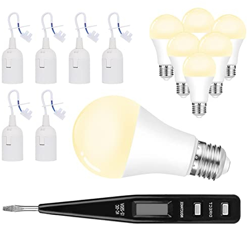 VEUWOLM 6 Stück Fassung E27 Renovierfassung Lampenfassung Baustellenfassung E27+VDE-Spannungsprüfer -6 Stück 3000 Kelvin Warmweiß LED Bulb - Ersatzfassung 250V max.60 W, Baufassung mit Kabel
