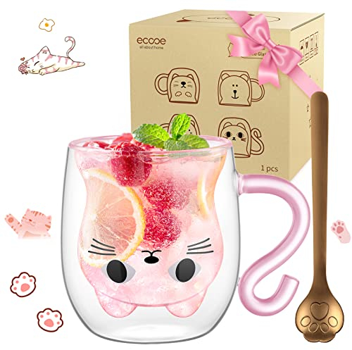 ecooe Taza de gato Tazas de Café de Cristal 290ml Vasos de Doble Pared con asa y cuchara Borosilicato Bonitas Tazas de Animal Para Latte Macchiato Capuchino, Té, Jugo, Helado, Regalo de Cumpleaños