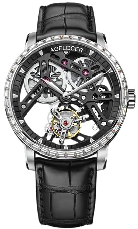 AGELOCER Luxury Tourbillon Watches for Men Crystals Styles, Manual Skeleton Mechanical Watch with Free-Sprung Balance