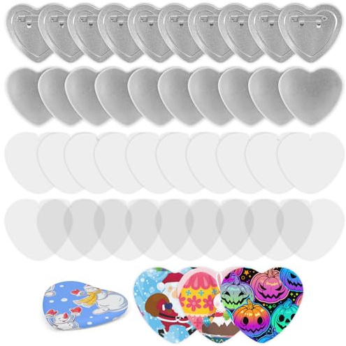100 Stück herzförmige Blanko-Knopf-Maker-Zubehör für Knopfmacher, Maschine, Herz-Abzeichen, Anstecknadel-Tastenteile, inklusive Metallknopf-Pin-Rückseite, Metallschale, Klarfolie, Dichtung, leeres