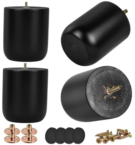 Btowin 4 Inch / 10cm Solid Wood Furniture Legs, 4Pcs Modern Round Wooden Bun Feet with Threaded M8 Hanger Bolts & Mounting Plate & Screws for Sofa Couch Cabinet Bed