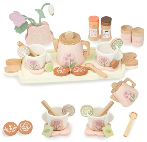 AolKee Teeservice Kinder Holz, Küchenzubehör Kinder Holz, Rollenspiel Spielzeug, Tee Party Set, Rosa, Geschenke für 3 4 5 Jahre alte Kleinkinder