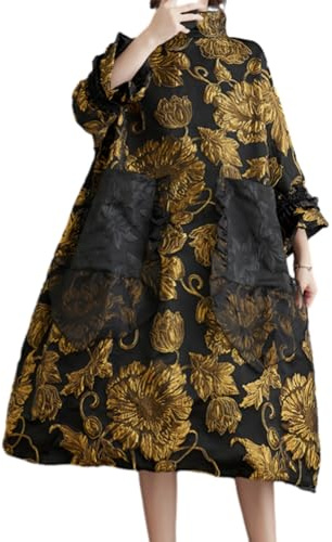 ellazhu Vestido Estampado de Patchwork con Cuello Alto y puños Acampanados para Mujeres GZ94 Negro Amarillo