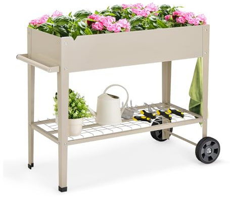 GOPLUS Jardinière Surélevé sur roulettes avec Étagère et 2 Crochets pour Outils de Jardinage, Lit de Jardin en Métal pour Légume, Herbe, Carré Potager Extérieur pour Jardin, Balcon (Blanc)