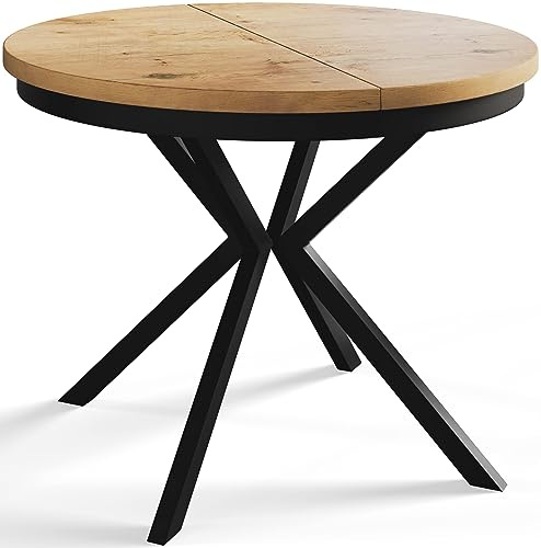 Esszimmertisch BERGO, Durchmesser: 120-200 cm, Hellbraun, Schwarz Beine | Runder Tish, Ausziehbarer Tisch, Wohnzimmertisch mit Metallbeinen
