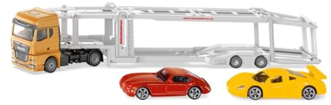 siku 3944, MAN Autotransporter, 1:50, Inkl. 2 Spielzeug-Autos, Metall/Kunststoff, Gelb/Silber, Abkoppelbarer Anhänger, Absenkbare Plattform