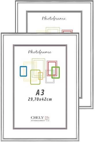 CHELY INTERMARKET MOD311 Marco Fotos Decorativo Estilo Elegante A3 Para Certificados Cuadros Láminas Impresiones Montaje Pared Vertical Color Plateado Incluye Kit 2 Unidades
