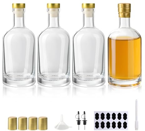 YBCPACK 4 bottiglie di liquore da riempire da 375 ml, bottiglie di vetro vuote, bottiglie da liquore con tappo, tappo termoretraibile, imbuto, etichette, penna, perfetta per zaba, liquori e succhi di