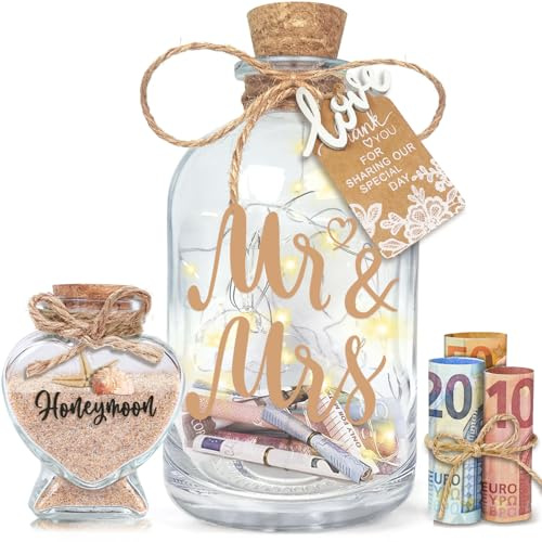 INYESKON Hochzeitsgeschenke für Brautpaar, LED Flaschenlicht Geldgeschenk Hochzeit, Personalisiert Mr & Mrs Geldgeschenke Hochzeit Geld Leuchtflasche für Brautpaar Hochzeitskasse Spardose Geschenk