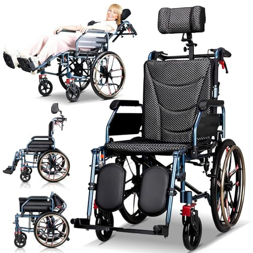 Pflegerollstuhl mit Liegefunktion, Tragfähigkeit150KG, 46cm Sitzbreite, Reiserollstuhl, Multifunktional Rollstuhl für die Wohnung und Unterwegs, Einstellbar,Abnehmbare Kopfstütze