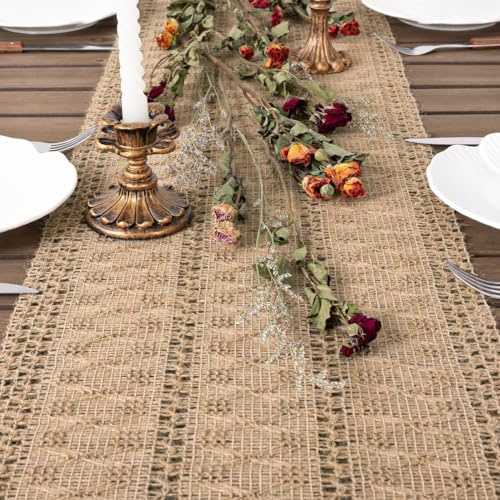 Dremisland Juta Tyg Bordslöpare Modern Tvättbar Jute Roll Spetsmönster Perforerad Bohemisk Rektangulär Midstad för Bröllop Hem Kök Matbord Fester, 30 x 275 cm