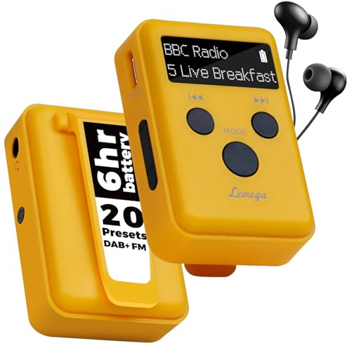 LEMEGA Mini Go Tragbares DAB+ Taschenradio, Wiederaufladbar,Sportclip | Persönliches Mini-Radio, USB-Ladekabel, Kopfhörer inklusive, kompakt und leicht, Weckfunktion, Sportclip enthalten