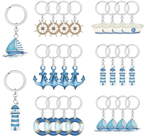 24 Seemanns-Schlüsselanhänger aus Acryl - Dekoration für Geburtstagsfeiern - Steuerrad, Anker, Leuchtturm, Segelboot, Rettungsring, Schiff - Gastgeschenke Ozean