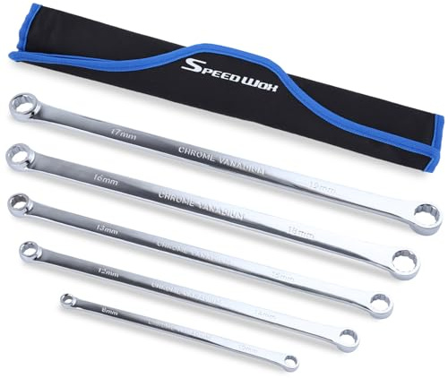 SPEEDWOX 5 Stück Doppelbox extra langes Set aus Flugzeugschlüssel aus verchromtem Vanadium-Stahl, hochglanzpoliert, 8 mm, 10 mm, 12 mm, 13 mm, 14 mm, 15 mm, 16 mm, 17 mm, 18 mm, 19 mm, organisiert in