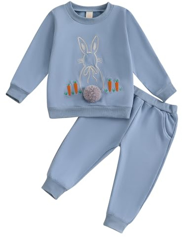 Vioyavo Toddler Boy Easter Outfits Baby Clothes Set Rabbit Carrot Long Sleeve Sweatshirt Solid Long Pants 2 Pcs Spring Jumper (Blue, 6-12 Months)