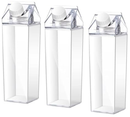 Asyduey 3 Pièces 1000 ML Bouteille d'eau de Lait Bouteille de Café en Plastique Carrée Bouteille de Lait Portable Réutilisable Bouteille de Jus Étanche pour Le Camping