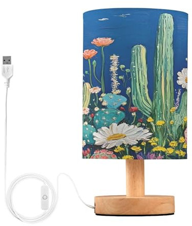 Sevdomey Garden with Cacti Bedside Table Lamp with USB Port, No Bulb Needed, Warm LED Light for Bedroom, Living Room, Office - Bedside Table Lamp for Reading, Study, Decor