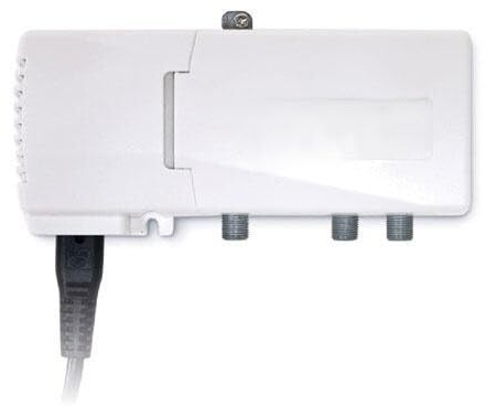 Amplificatore interno con 2 uscite RF-UHF, ideale per migliorare il segnale televisivo e ampliare la copertura nelle abitazioni.