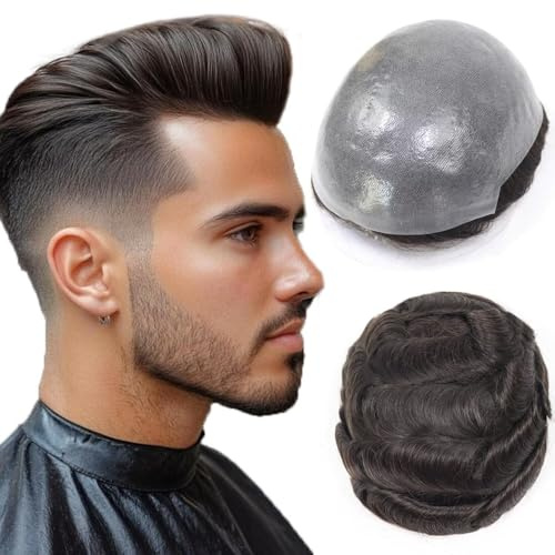 HAPPY&CC Toupee for Man Thin Skin PU Men's Hairpiece European Virgin Human Hair Replacement System Pieces Male Hair Prosthesis Unit for Men 10x8inch #2 Darkest Brown