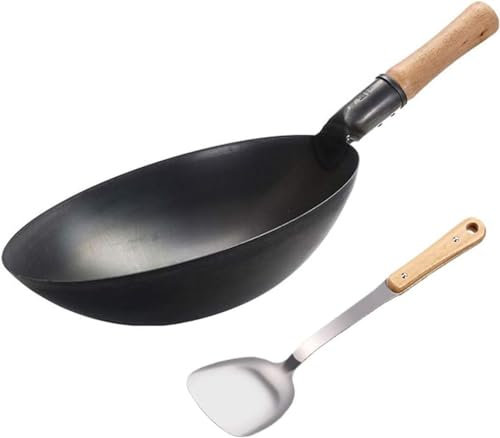 ZGFOZJGC Sartén Wok Antiadherente, Woks y Sartenes para Saltear, Sartén Wok de Hierro Fundido para Cocina China, Japonesa y Cantonesa, Wok Duradero de Acero Inoxidable con Pala de Hierro, S