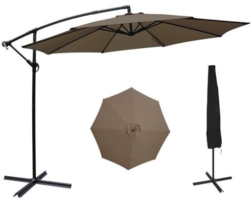 ZealWe Garden Parasol Umbrella, 3m Cantilever Patio Parasols with Cover and Crank Handle, Banana Parasol Sun Shade with Cross Base and 8 Ribs for Beach Pool Lawn Backyard Deck, Khaki
