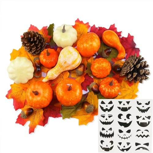 yuagolle Pumpkins Fall Decorations for Home: 50pcs Plastic Mini Pumpkins Set Including Fake Leaves, Acorns, Pinecones, Gourds for Halloween Thanksgiving Harvest Decor & Centerpiece Table Decorations