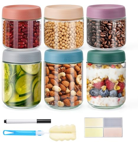 Esilihom 6 Pack Overnight Oats Jars with Lids, 10 oz & 16 oz Glass Jars | Airtight Leakproof Mason Jars For Food Storage And Meal Prep; Wide Mouth For Yoghurt, Cereal, Fruit, Salad, Jam And Breakfast