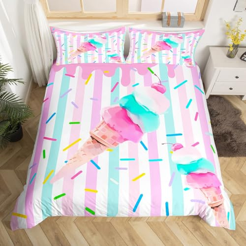 Homemissing Crème glacée Impression Housse de Couette 200x200cm Rose Violet Rayures Vertes décor Parure de Lit Joli Enfants Dessert Motif Literie Microfibre Respirante pour Filles Femmes Chambre