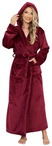 ZFSOCK Peignoir Long Femme à Capuche: Flanelle Douce et Épaisse Peignoir Ceinture et Poches Chaud pour l’Hiver Pour Femme Enceinte Maman Chambre Maison Noël Cadeau - Rouge S/M