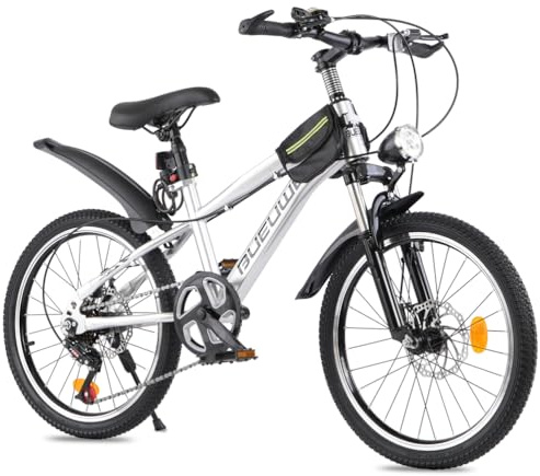 Bueuwe 20 24 Inch Kids Mountain Bike, Children Bicycles for Boys and Girls Ages 6-12, 7 Speed Teenager Bikes with Disc Brakes, Adjustable Handlebars and Seat, Kickstand (Silver, 20 Inch)