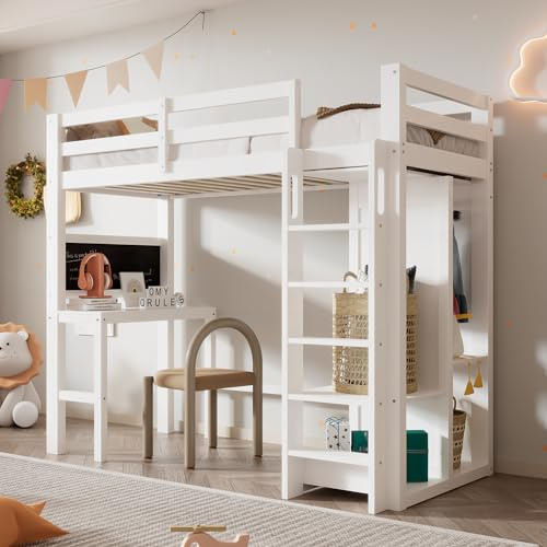 Huayz Cama alta 90 x 200 cm con escritorio, armario abierto y estanterías, cuna con somier y protección anticaídas, litera para niños y niñas, sin colchón, color blanco