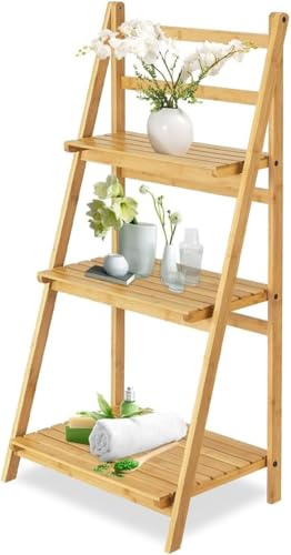 JYZ ||3 Tier Wooden Free Standing Folding Ladder Shelving Unit || Lightweight and Portable Plant Stand||Multipurpose/Garden/Living Room Bedroom/Bathroom.