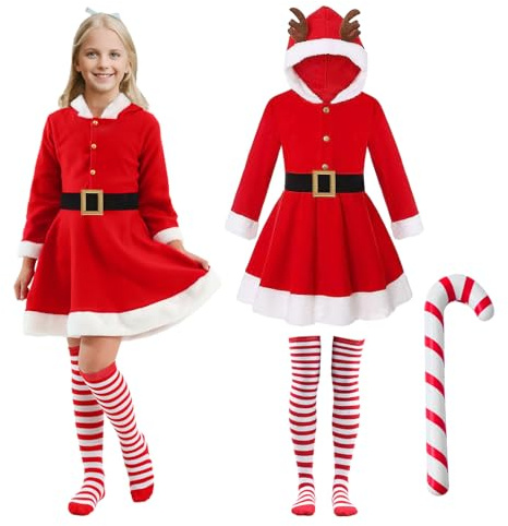 Moerstar Disfraz de Papá Noel para niña y mujer, disfraz de Papá Noel con cinturón, vestido de Navidad con capucha, para Navidad, fiesta, cosplay (niña, 130)